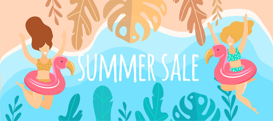 Fototapeta premium Vector illustration of two girls in swimsuits in snood flamingos jumping and smiling because the summer sales are starting. Copy space, colorful horizontal banner with sales text. Trending style flat