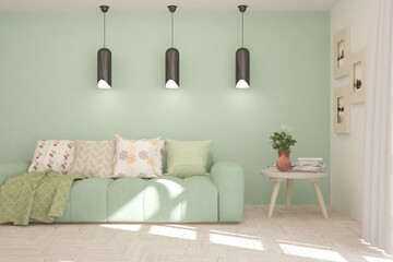 Blue stylish minimalist room with sofa. Scandinavian interior design. 3D illustration