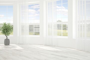 Naklejka na ściany i meble White stylish empty room with summer landscape in window. Scandinavian interior design. 3D illustration
