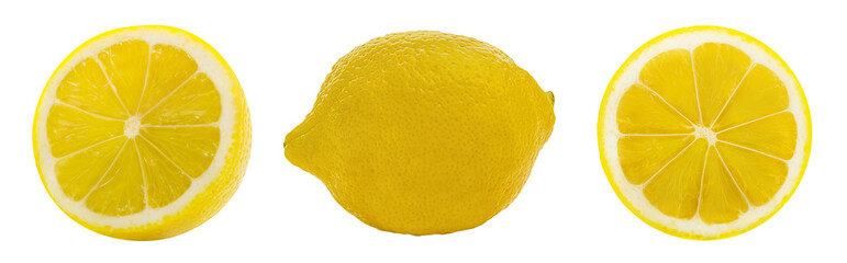 Set of delicious fresh yellow lemon fruits, isolated on white background. Textured ripe 

lemon citrus slice with edged path.Professional studio macro shooting, close up shot.