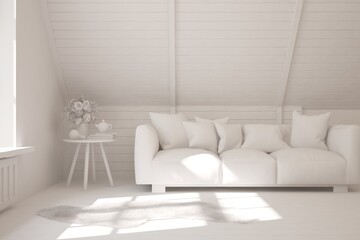 Stylish minimalist room with sofa in white color. Scandinavian interior design. 3D illustration