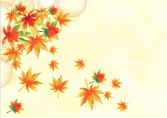 秋の紅葉　水彩風背景素材　和柄　落葉　和風素材