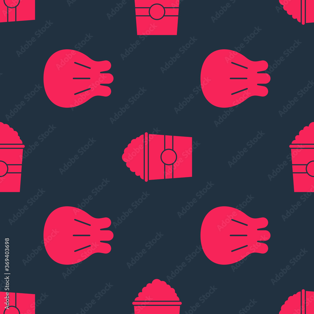 Poster set khinkali on cutting board and popcorn in box on seamless pattern. vector.