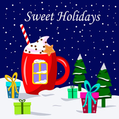 Fototapeta premium Christmas card. Mug with cocoa, snow, Christmas tree and gifts. Vector illustration on a blue background