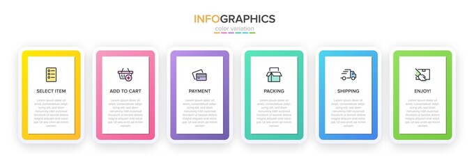 Concept of shopping process with 6 successive steps. Six colorful graphic elements. Timeline design for brochure, presentation, web site. Infographic design layout.