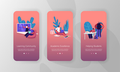 Online School Education Mobile App Page Onboard Screen Template. Kids Characters Quarantine Distant Studying at Home