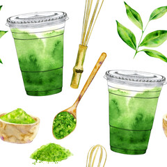 Seamless pattern with matcha drink. Hand drawn elements of japanese green tea ceremony on white background. Backdrop for packaging, wrapping paper, menu design. Watercolor illustration in repeat.