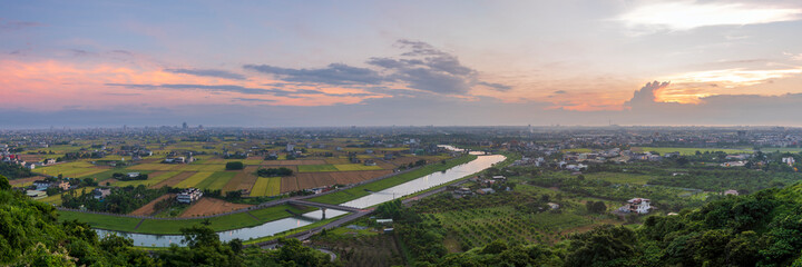 Naklejka premium Panorama view of Lanyang Plain at Sunrise, Yilan, Taiwan