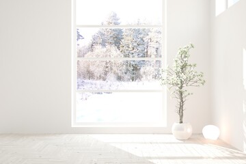 White stylish empty room with winter landscape in window. Scandinavian interior design. 3D illustration