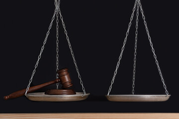 Judges gavel and balance scales, black background. Front view. Copy space.