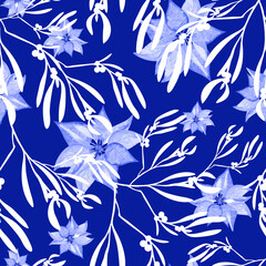 christmas flowers seamless pattern on blue background