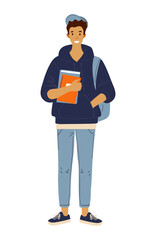 A modern student in casual clothes, with books and a backpack, a schoolboy. Standing male character in jeans and sweatshirt, cartoon design. Flat vector illustration isolated on white background.