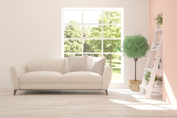Fototapeta premium White stylish minimalist room with sofa and summer landscape in window. Scandinavian interior design. 3D illustration