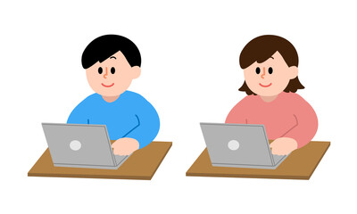 パソコン操作する私服男性女性