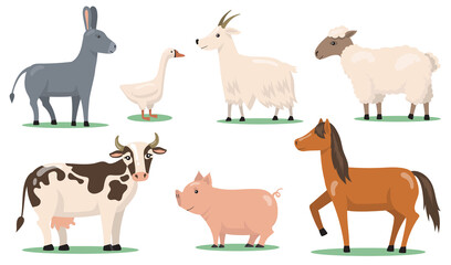 Various animals and pets on farm flat clipart set. Cartoon characters of horse, sheep, pig, goat, goose and donkey isolated vector illustration collection. Village and livestock farming concept © SurfupVector