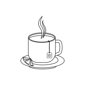 Hot drink mug on a saucer with lemon, black outline, vector illustration on a white background, clipart, design, decoration, icon, sign, sketch