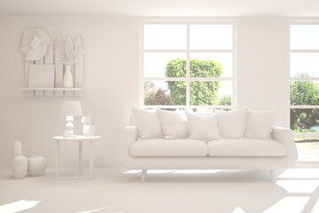 Stylish room in white color with sofa and green landscape in window. Scandinavian interior design. 3D illustration