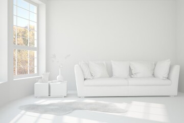 Stylish minimalist room with sofa in white color. Scandinavian interior design. 3D illustration