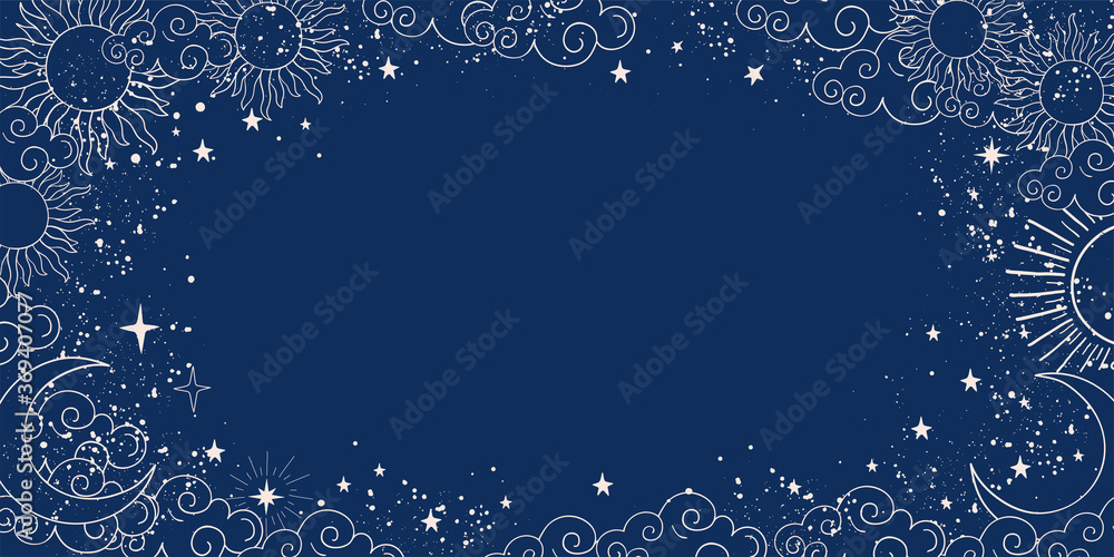 Wall mural blue space background with sun, moon and stars with place for text. magic banner with copy space. bl