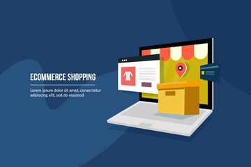 Virtual shopping store, ecommerce shopping website and secure online payment with credit card on laptop screen, home shopping and package delivery on location. Ecommerce web banner template.