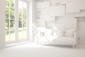 Stylish room in white color with sofa and green landscape in window. Scandinavian interior design. 3D illustration