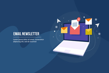 Open email on isometric laptop screen with notification. Receiving newsletter and online message, internet technology and communication. Digital marketing email and paper plane concept.