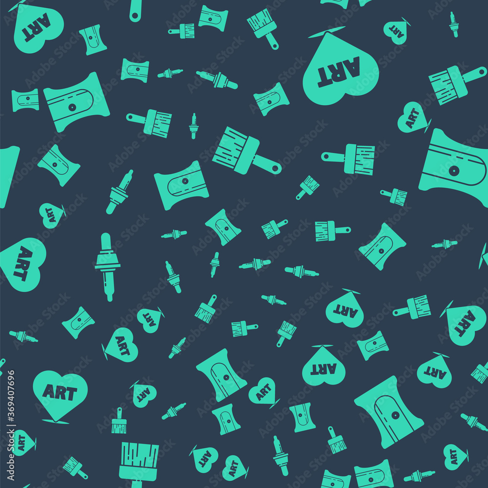 Poster set paint brush, heart with text art, pipette and pencil sharpener on seamless pattern. vector.