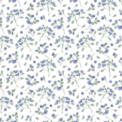 Hand drawn seamless pattern with forest botany. Watercolor background with blueberry leaves, berries and branches for design, books, fabric, paper, wallpaper, packaging and other purposes.