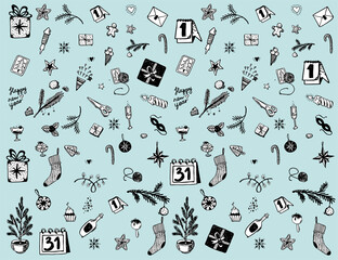 Cute new year pattern on a blue background. Hand drawn holiday seasonal elements, gifts, christmas tree branches, toys. Vector illustration, engraving.