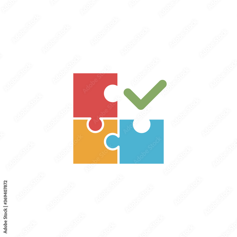 Poster puzzle shape connection with check mark. together compound and coupling in process, vector puzzles g