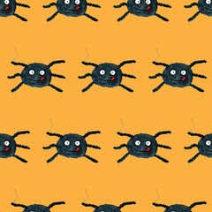 Halloween seamless pattern with funny cartoon spider. Endless texture for wallpaper, web page background, wrapping paper. Flat style. Black smiling spider with tongue on orange board