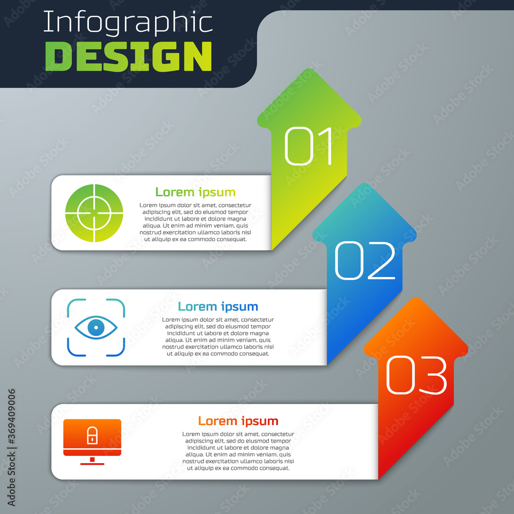 Poster set target sport, eye scan and lock on computer monitor. business infographic template. vector.