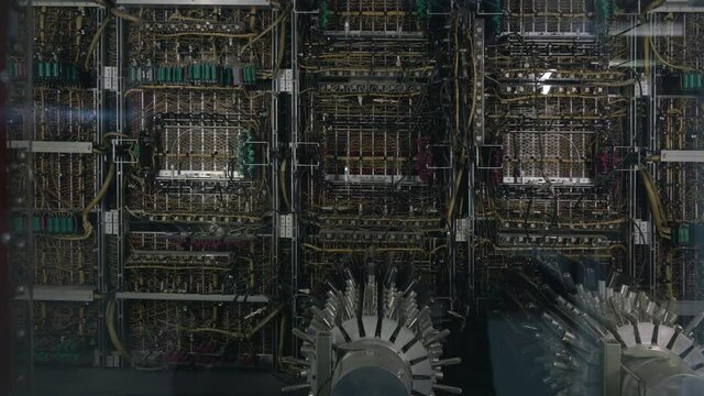Rear view of first generation supercomputer. Steadicam shot