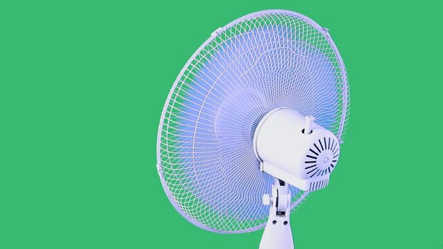 Back view of a white electric ventilator turning on,standing fixedly, its blades not moving fast from one side to another.Studio shot on green background.Technology, health care, heat concept.