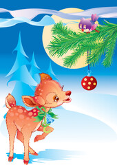 christmas background with a cute deer looking at a red ball hanging on a tree, holiday, isolated object on a white background, vector illustration,