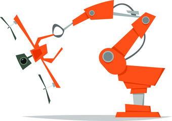 The robot which is engaged in the production of drones. Repair drones.Smart technology in action.Robotic arm. Industrial robot, robotic industry and technology, machine concept, robot manipulator