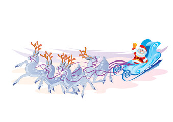 santa claus rides a sleigh pulled by reindeer, holiday, isolated object on a white background, vector illustration,