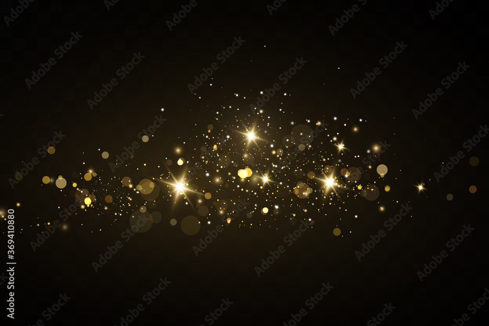 Poster  Vector sparkles on a transparent background. Christmas light effect. Sparkling magical dust particles.The dust sparks and golden stars shine with special light.