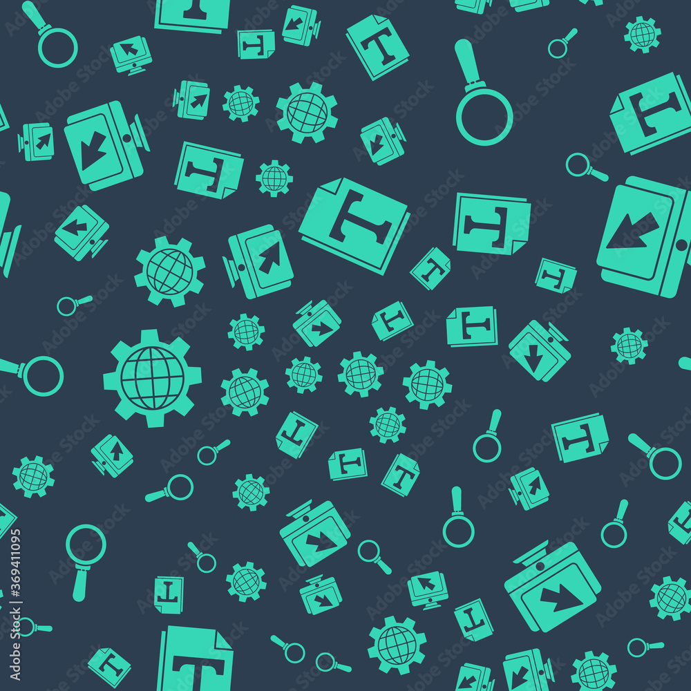 Poster set text file document, magnifying glass, globe of the earth and gear and computer monitor and curso