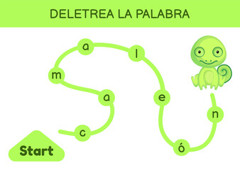 Deletrea la palabra - Spell the word. Maze for kids. Spelling word game template. Learn to read word chameleon. Activity page for study Spanish for development of children. Vector stock illustration.