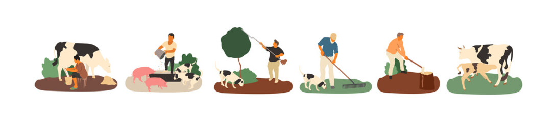 Set of farmers and agricultural workers Flat cartoon vector illustration. - Vector