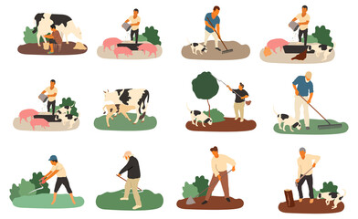 Set of farmers and agricultural workers Flat cartoon vector illustration. - Vector