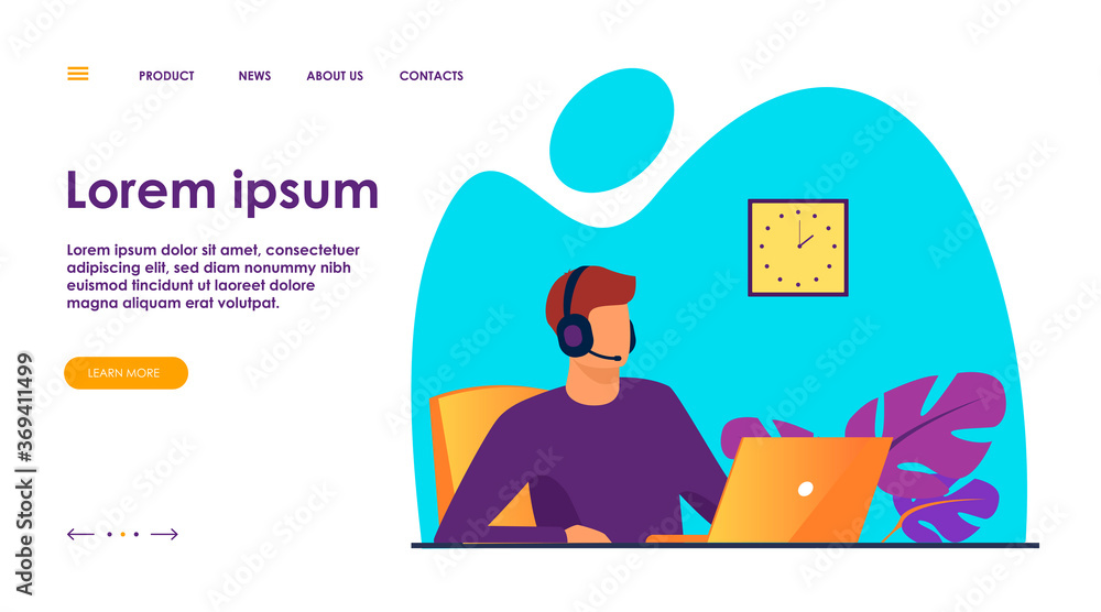 Poster customer support representatives working in call center. people in headset working at laptop in offi
