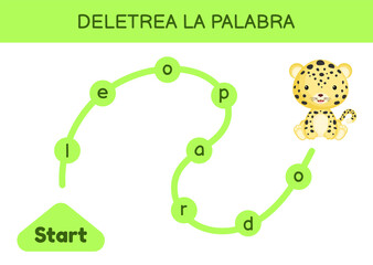 Deletrea la palabra - Spell the word. Maze for kids. Spelling word game template. Learn to read word leopard. Activity page for study Spanish for development of children. Vector stock illustration.