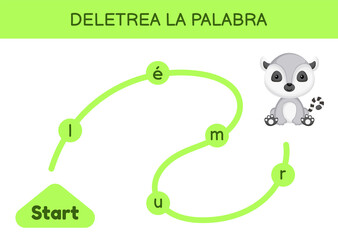 Deletrea la palabra - Spell the word. Maze for kids. Spelling word game template. Learn to read word lemur. Activity page for study Spanish for development of children. Vector stock illustration.