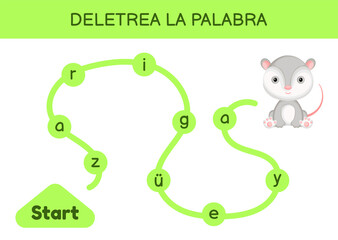 Deletrea la palabra - Spell the word. Maze for kids. Spelling word game template. Learn to read word opossum. Activity page for study Spanish for development of children. Vector stock illustration.