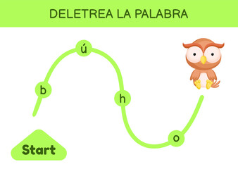 Deletrea la palabra - Spell the word. Maze for kids. Spelling word game template. Learn to read word owl. Activity page for study Spanish for development of children. Vector stock illustration.