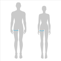 Women and men to do max thigh measurement fashion Illustration for size chart. 7.5 head size girl and boy for site or online shop. Human body infographic template for clothes. 