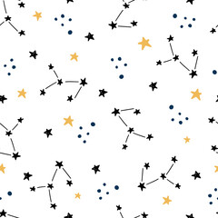 Space and galaxy hand drawn seamless pattern with star element. Cosmos pattern by doodle style. Vector illustration for kids fabric, children print, textile, wallpaper.