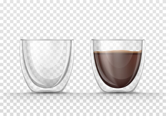 Set transparent vector of realistic illustrations, isolated icons, glasses empty and full of coffee. Glass mug with strong, hot drink, espresso, cappuccino or latte. Mockup for brand advertising.
